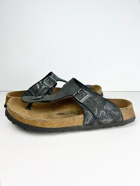 Birkenstock Papillio Gizeh Black Leather Metallic Snake Print Sandals EU 39 US 8